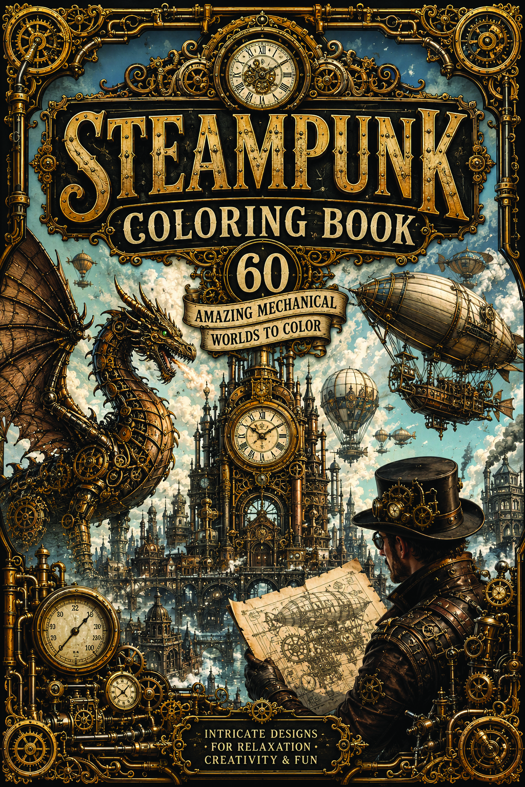 Cover of 60 Amazing Steampunk Coloring Book
